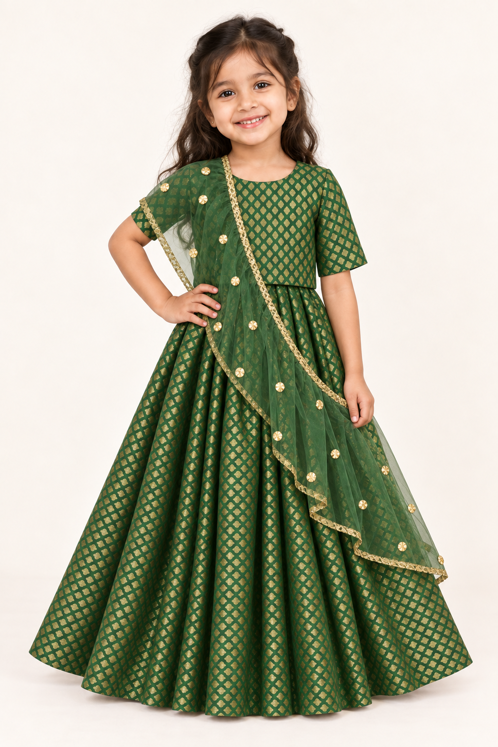 Girl wearing Green Banarasi Chanderi silk lehenga choli with matching net dupatta, front view