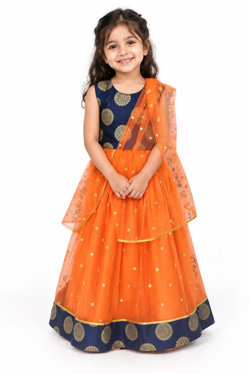 Girls Navy Gold Medallion Choli with Orange Net Lehenga and Dupatta - model front view