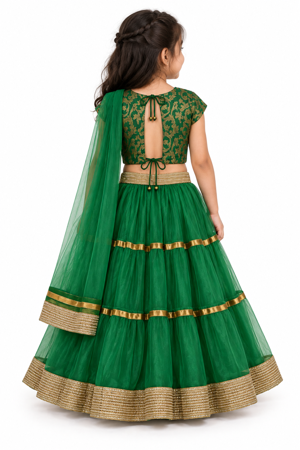 Girls Emerald Green Gold Brocade Choli with Tiered Net Lehenga and Dupatta - model back view