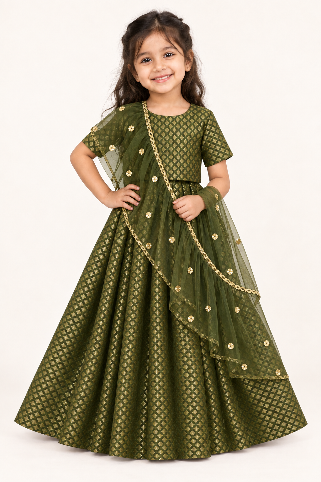 Girl wearing Olive Green Banarasi Chanderi silk lehenga choli with matching net dupatta, front view