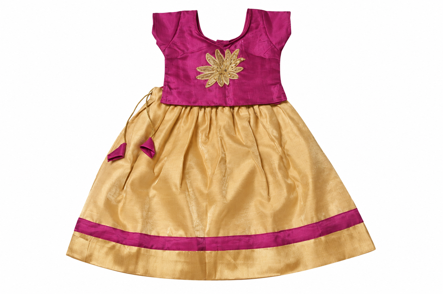 Girls Magenta Floral Choli with Pale Gold Lehenga - set front view