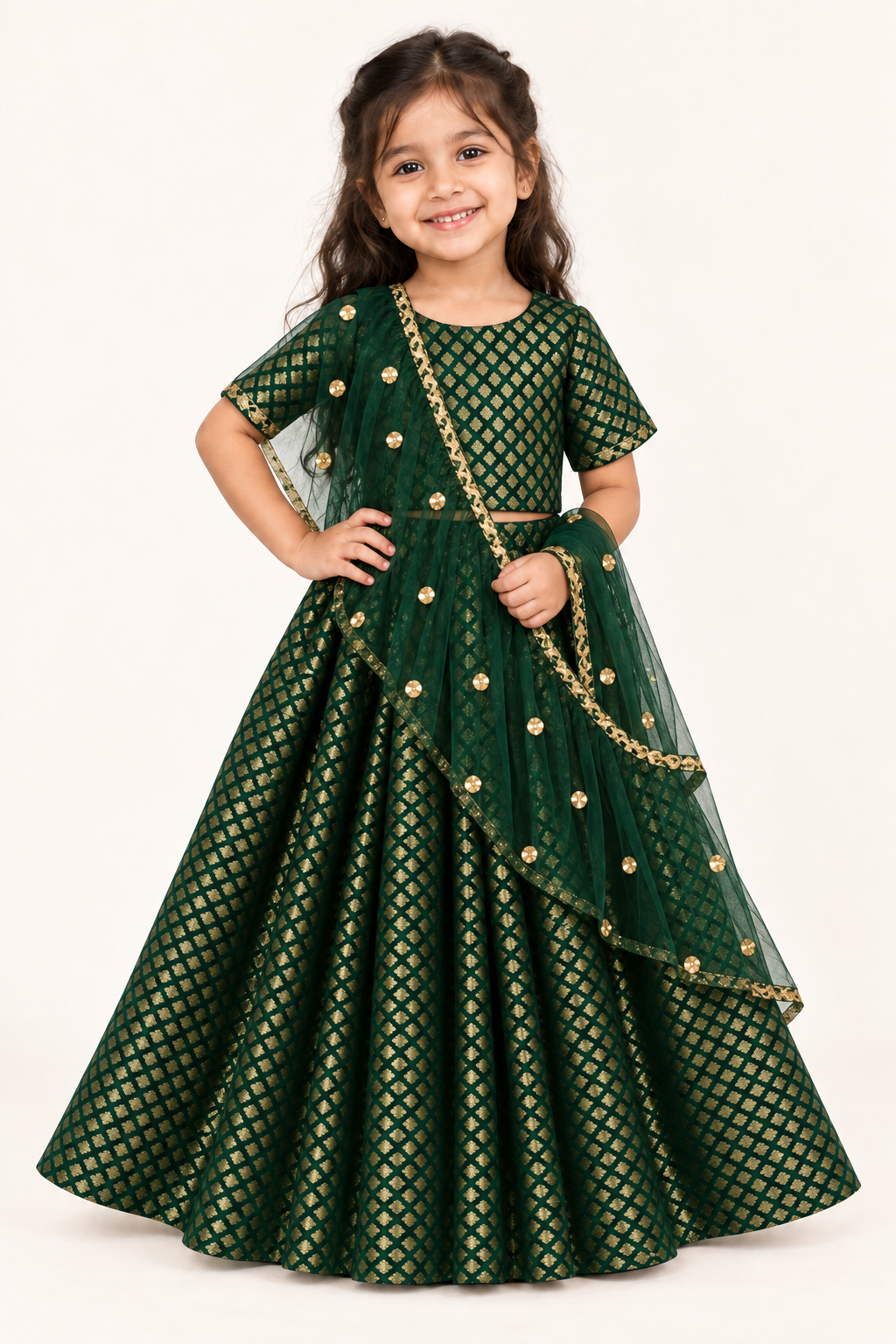 Girl wearing Dark Green Banarasi Chanderi silk lehenga choli with matching net dupatta, front view