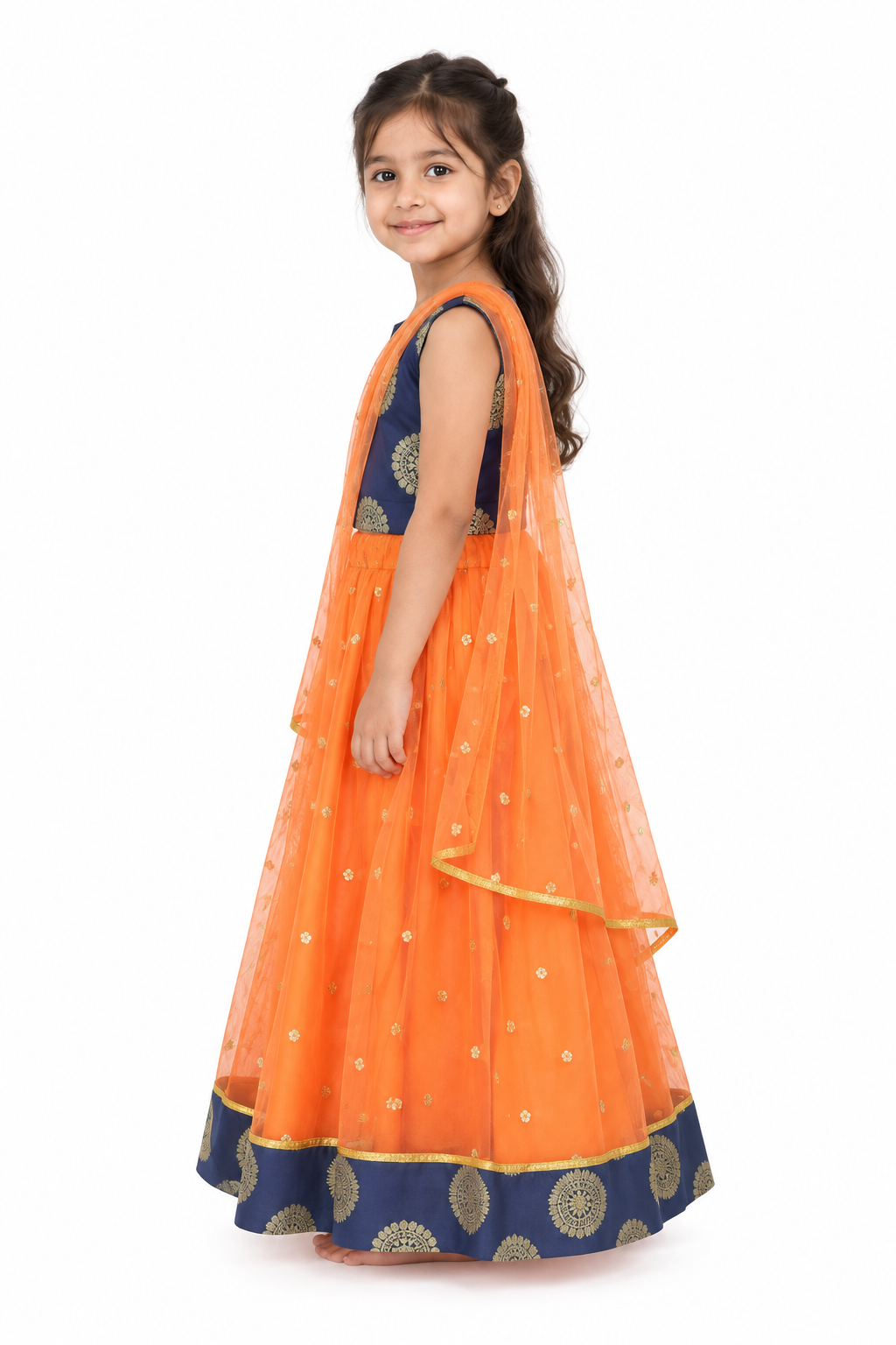 Girls Navy Gold Medallion Choli with Orange Net Lehenga and Dupatta - model side view