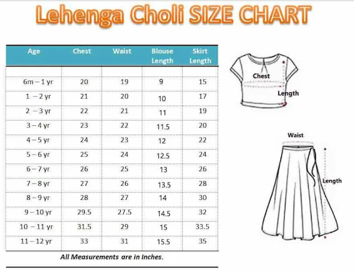 Kids lehenga choli size chart with measurements in inches through 12 to 13 years