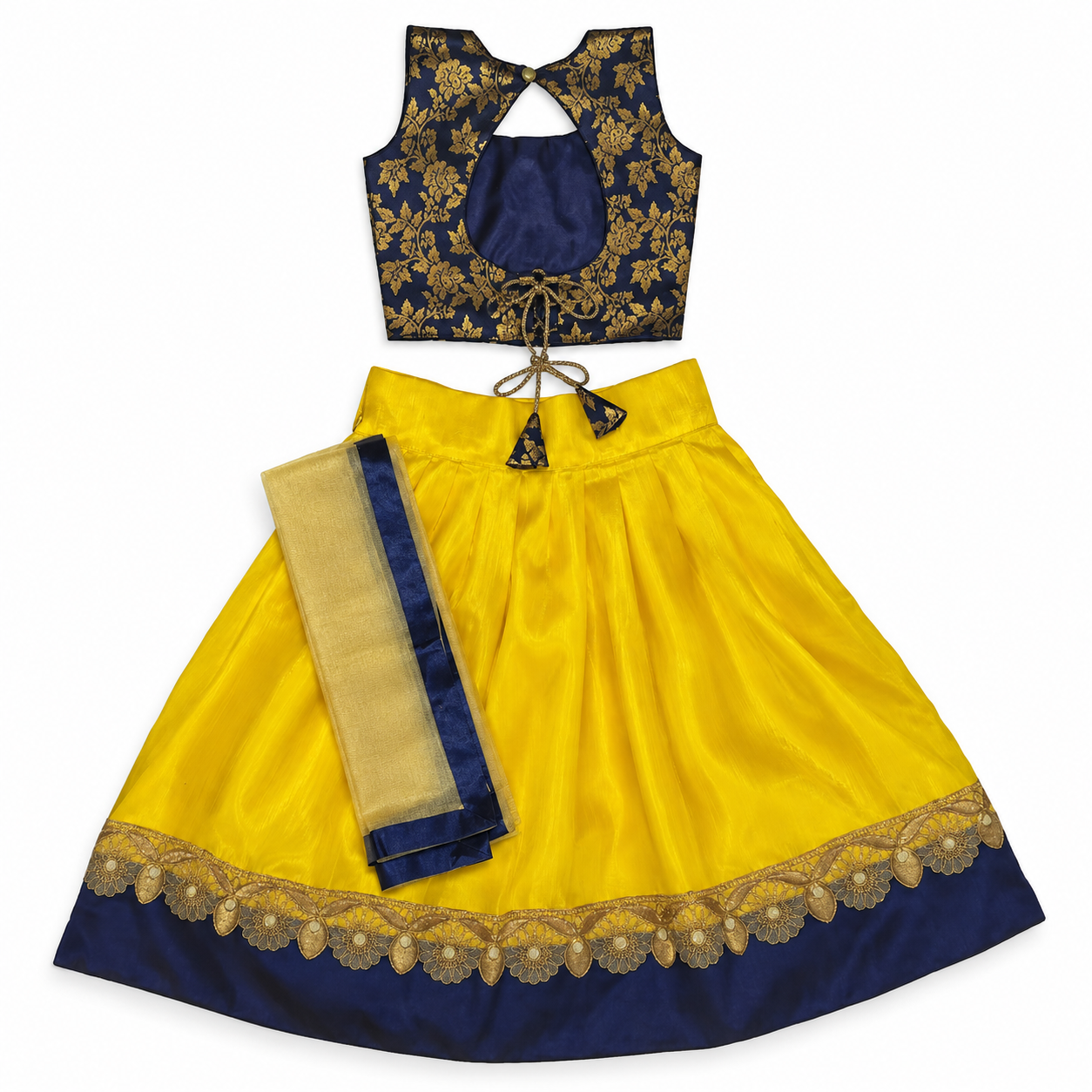 Girls Navy Gold Floral Choli with Yellow Lehenga and Pale Gold Dupatta - set back view