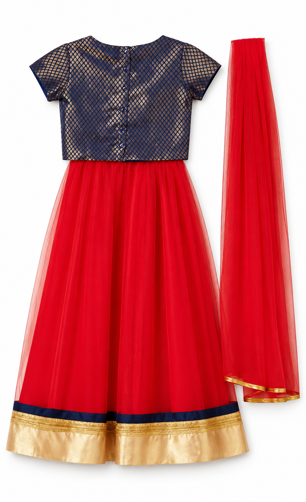 Girls Navy Gold Diamond Brocade Choli with Red Net Lehenga and Dupatta - set back view