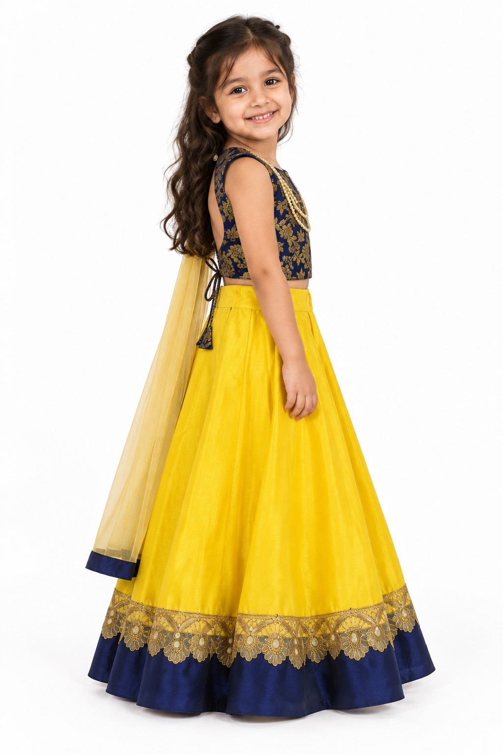 Girls Navy Gold Floral Choli with Yellow Lehenga and Pale Gold Dupatta - model side view