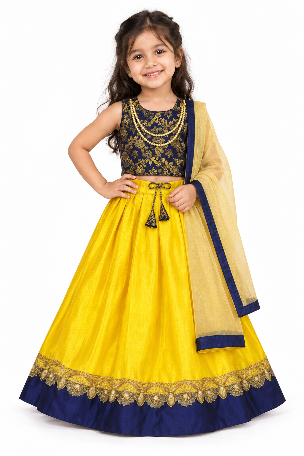 Girls Navy Gold Floral Choli with Yellow Lehenga and Pale Gold Dupatta - model front view