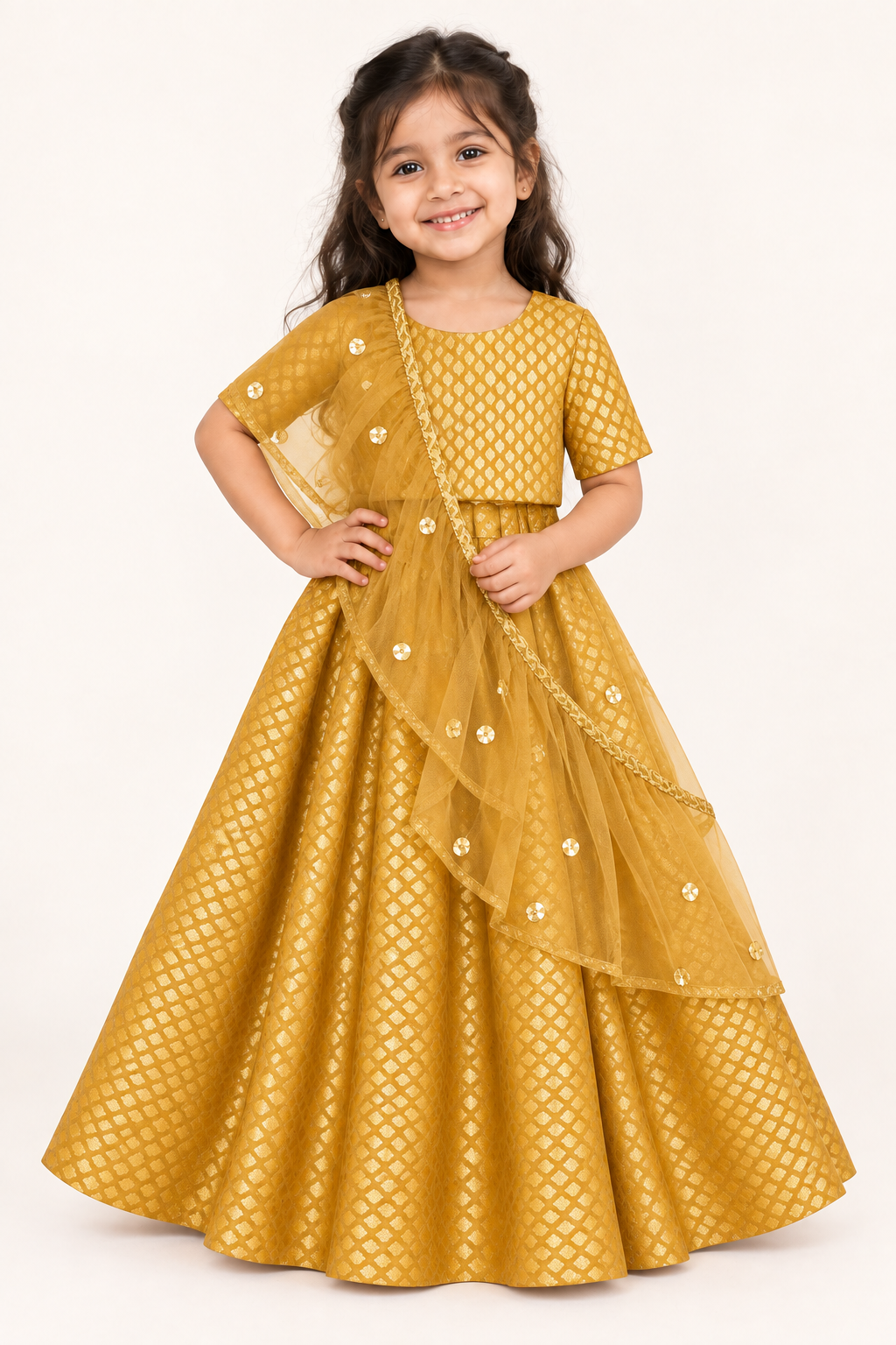 Girl wearing Gold Banarasi Chanderi silk lehenga choli with matching net dupatta, front view