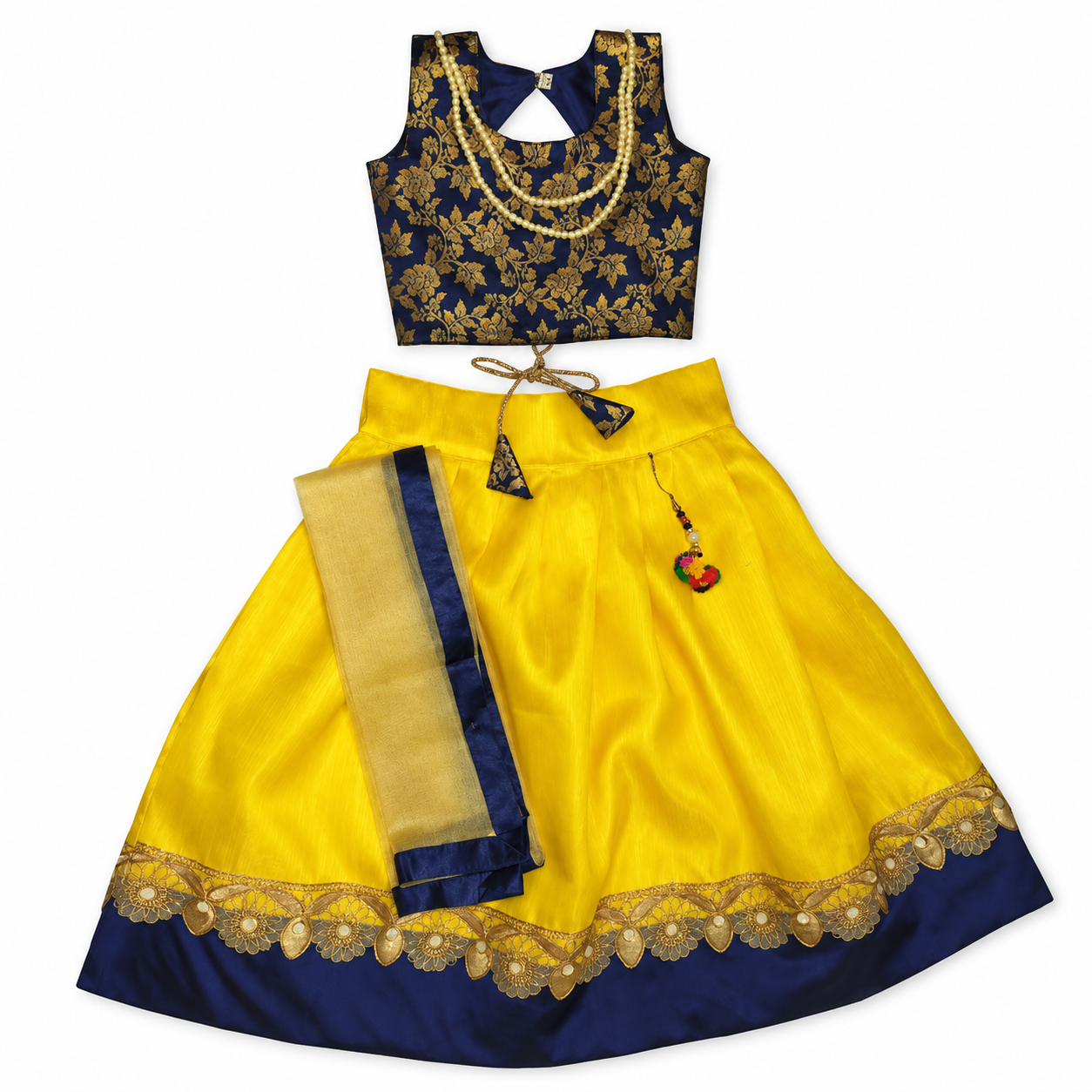 Girls Navy Gold Floral Choli with Yellow Lehenga and Pale Gold Dupatta - set front view