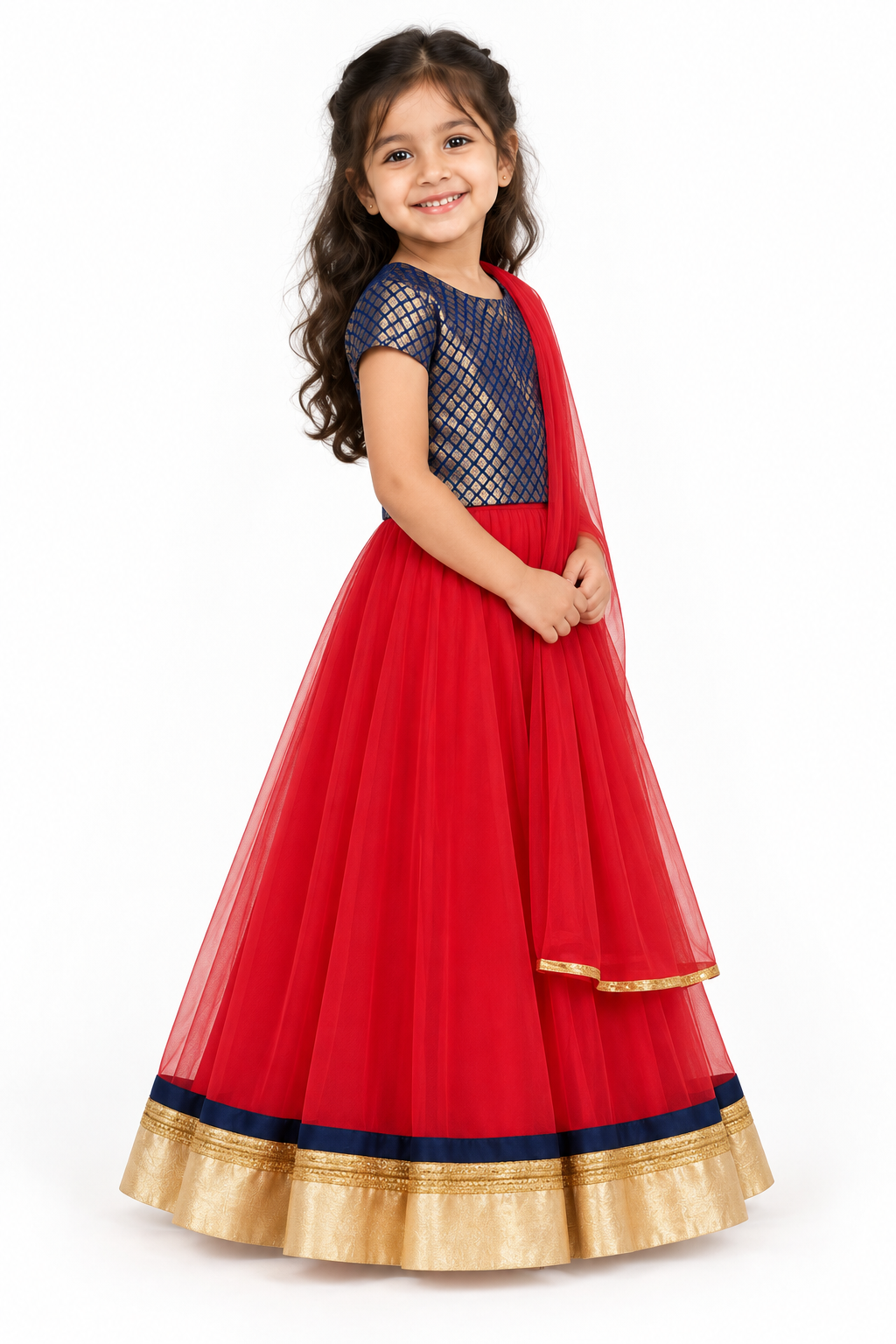 Girls Navy Gold Diamond Brocade Choli with Red Net Lehenga and Dupatta - model side view