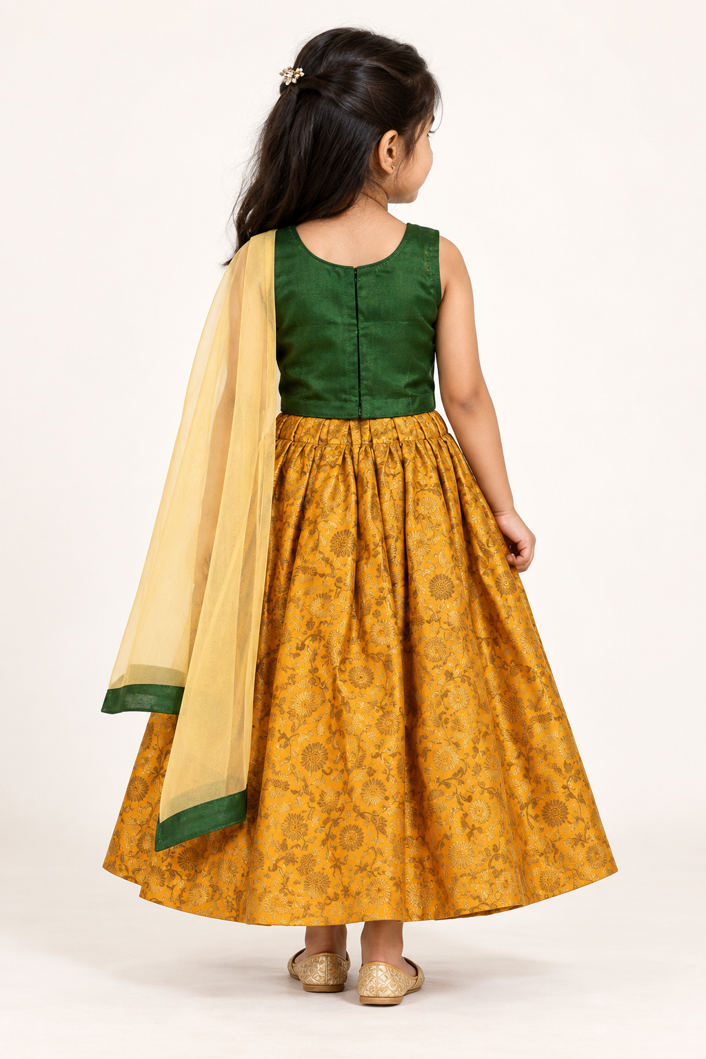 Back view of dark green choli with hooks and yellow Banarasi brocade lehenga