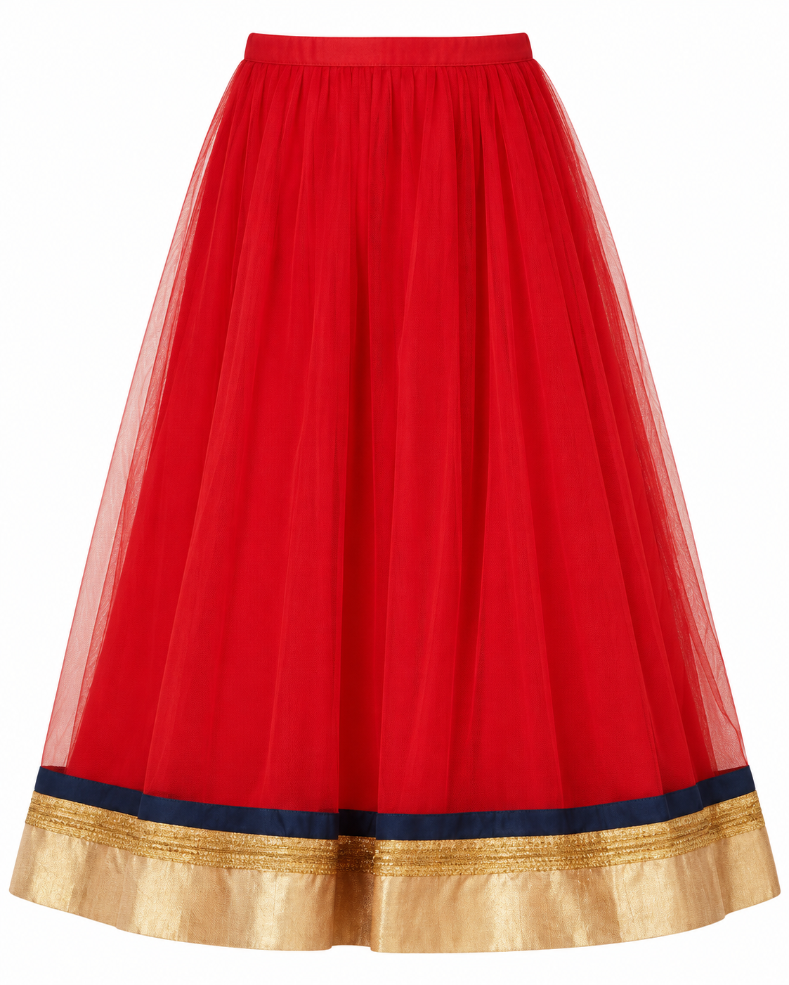 Girls Navy Gold Diamond Brocade Choli with Red Net Lehenga and Dupatta - skirt view