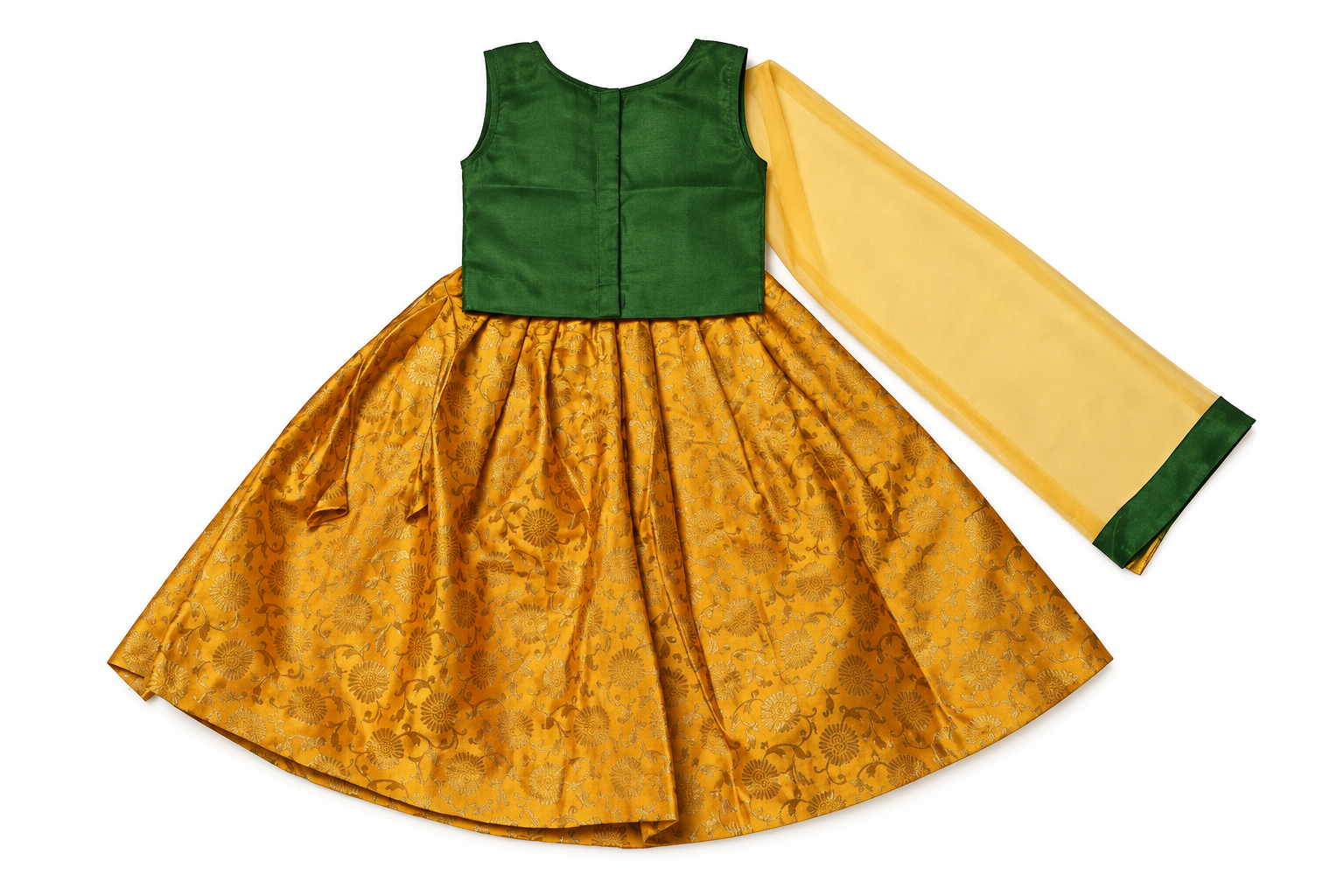 Back of dark green choli with yellow brocade lehenga and matching dupatta