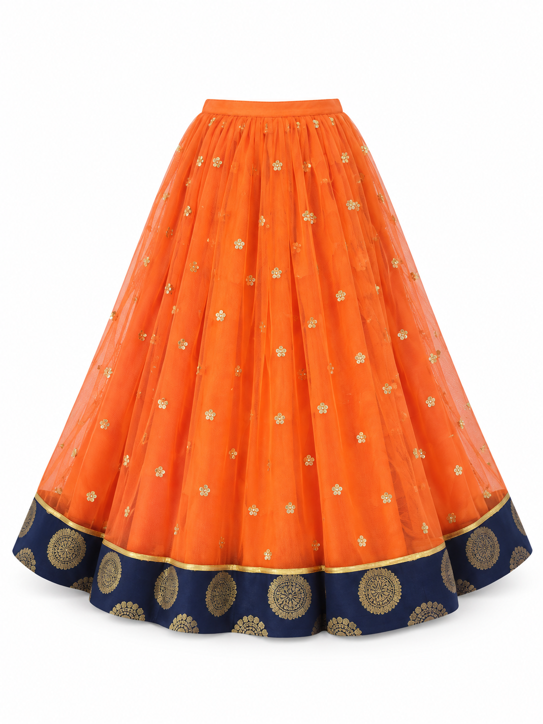 Girls Navy Gold Medallion Choli with Orange Net Lehenga and Dupatta - skirt view