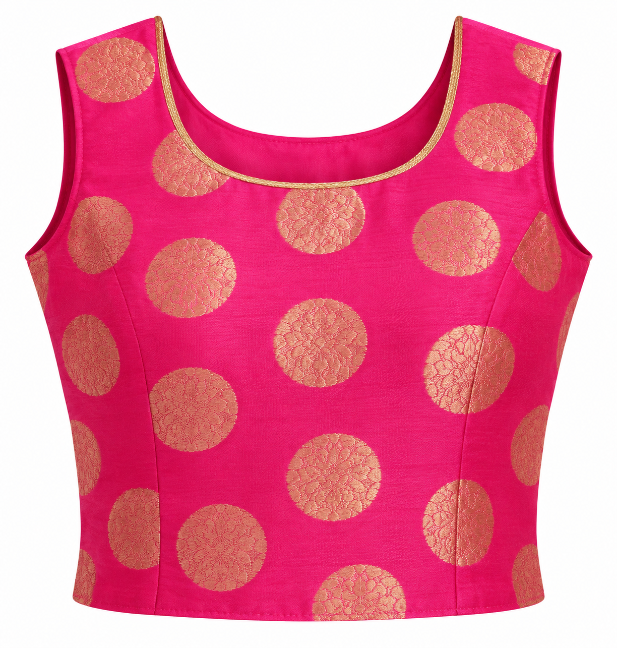 Girls Hot Pink Gold Polka Choli with Cream Gold Lehenga and Dupatta - top view