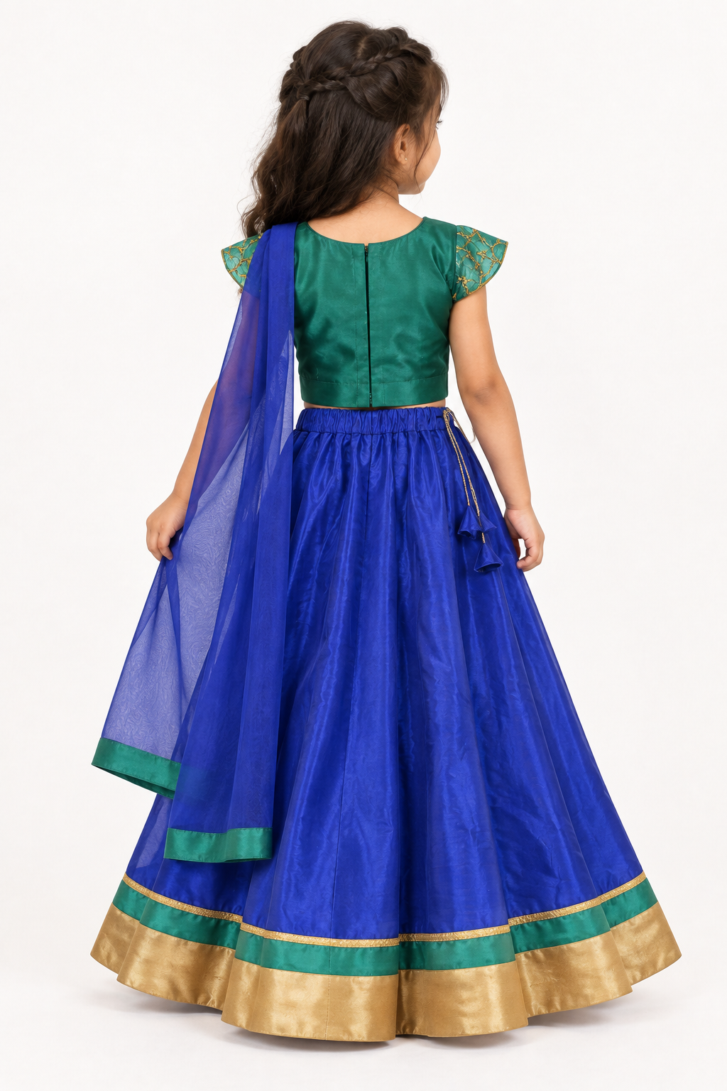 Girls Teal Green Brocade Choli with Royal Blue Lehenga and Dupatta - model back view