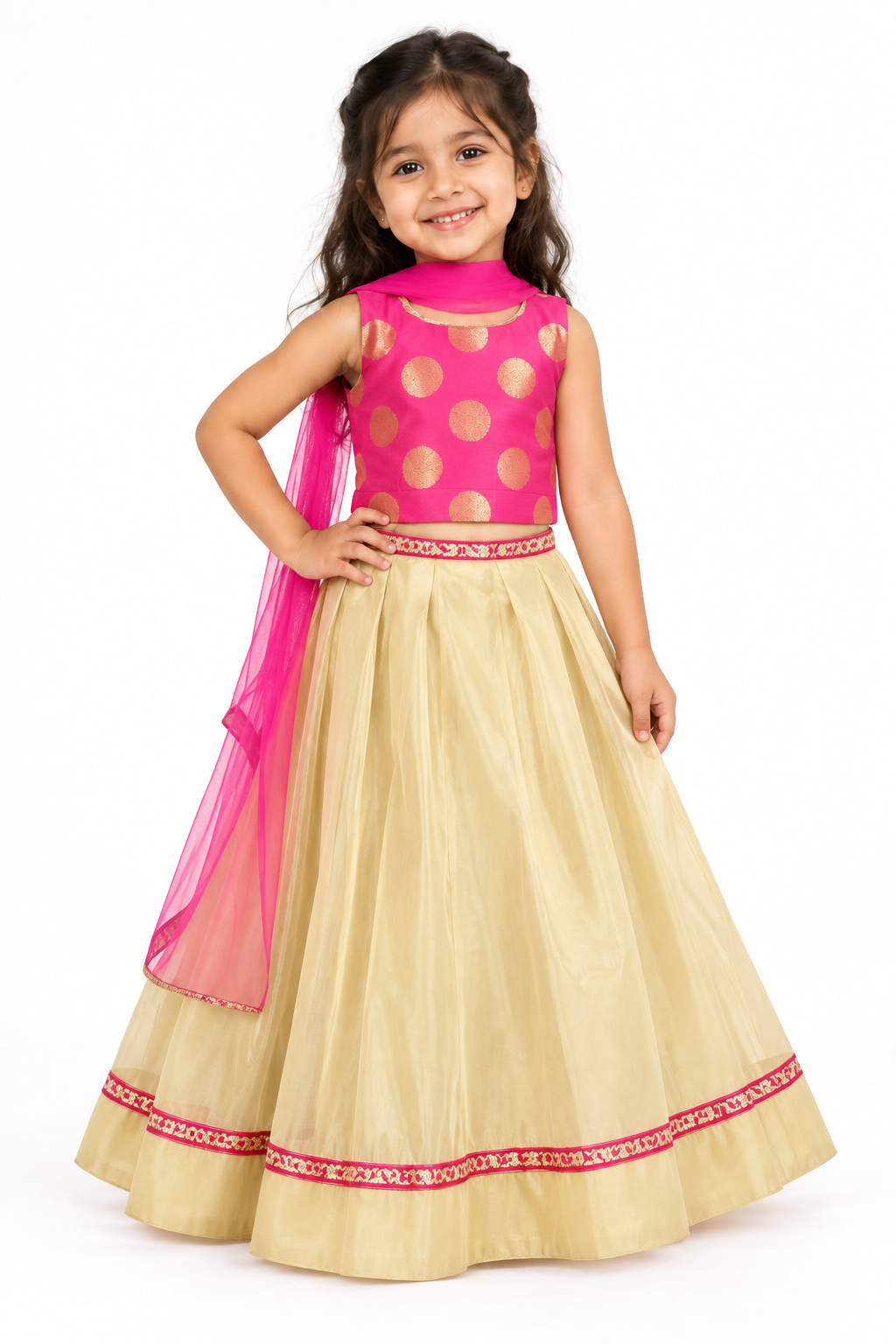Girls Hot Pink Gold Polka Choli with Cream Gold Lehenga and Dupatta - model front view