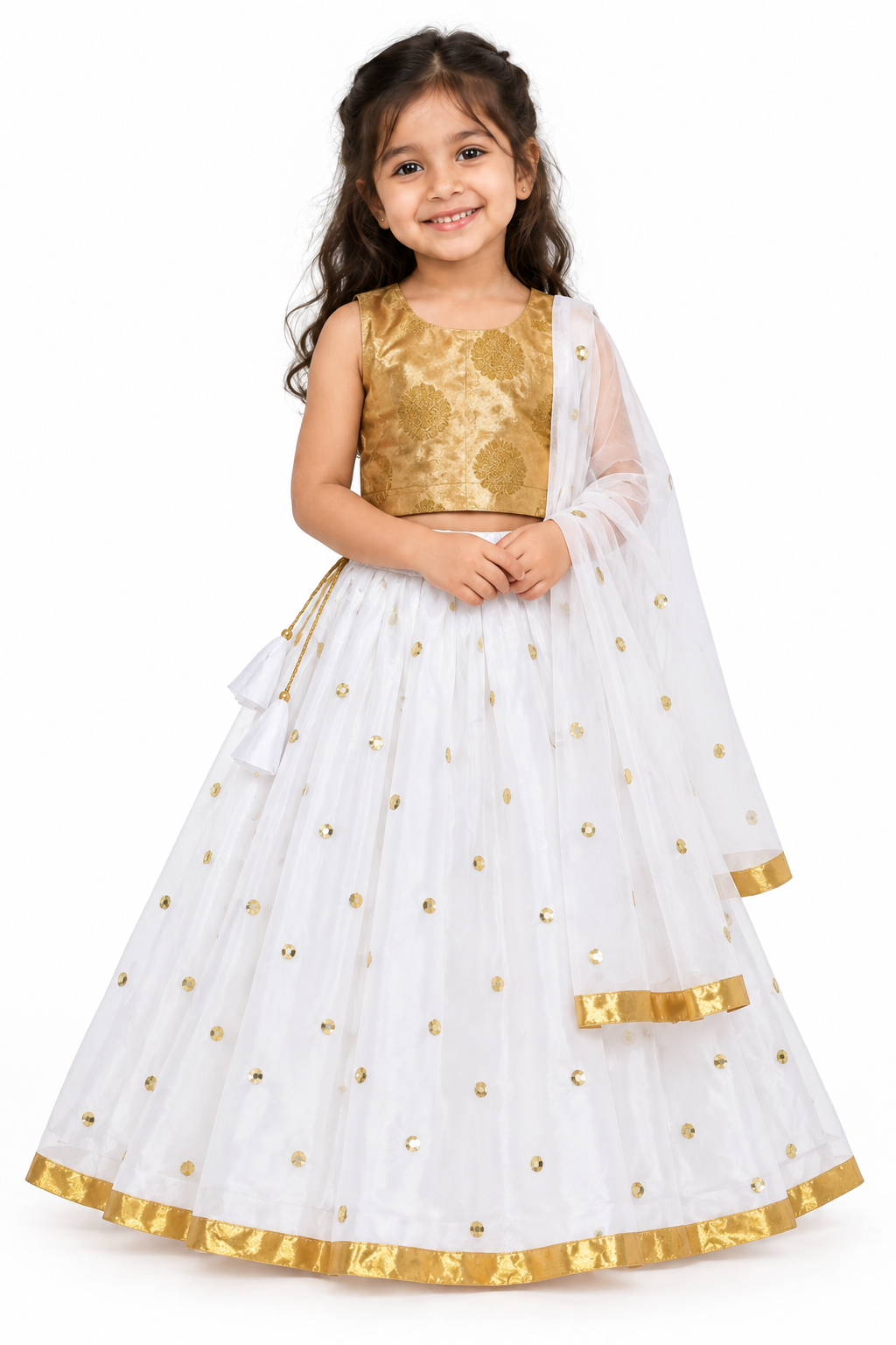 Girls Gold Medallion Choli with White Mirror Lehenga and Dupatta - model front view
