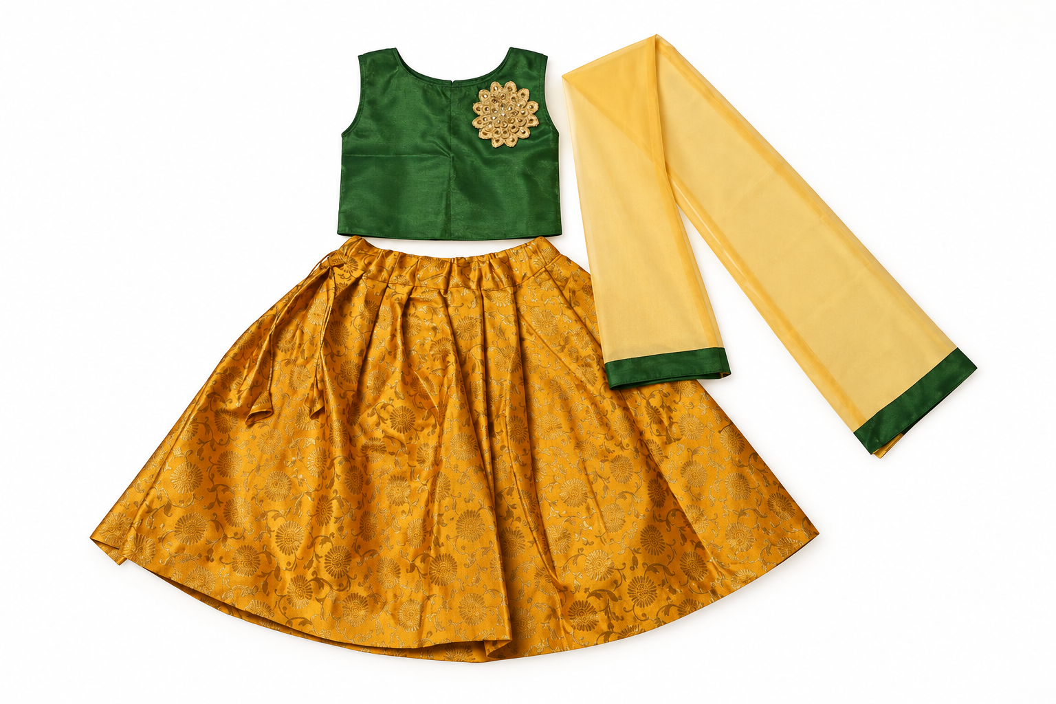 Dark green choli, yellow brocade lehenga and yellow net dupatta laid flat