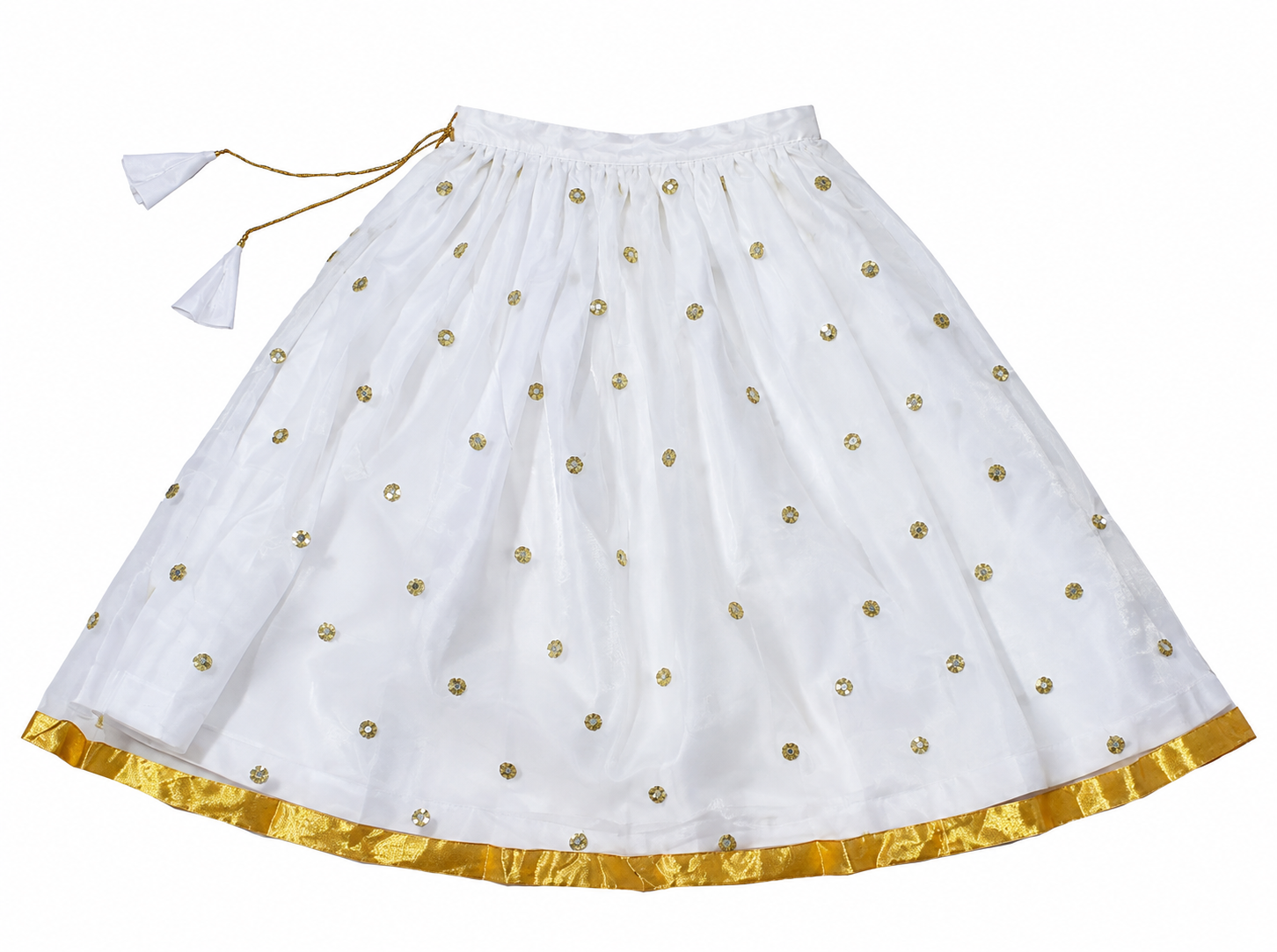 Girls Gold Medallion Choli with White Mirror Lehenga and Dupatta - skirt view