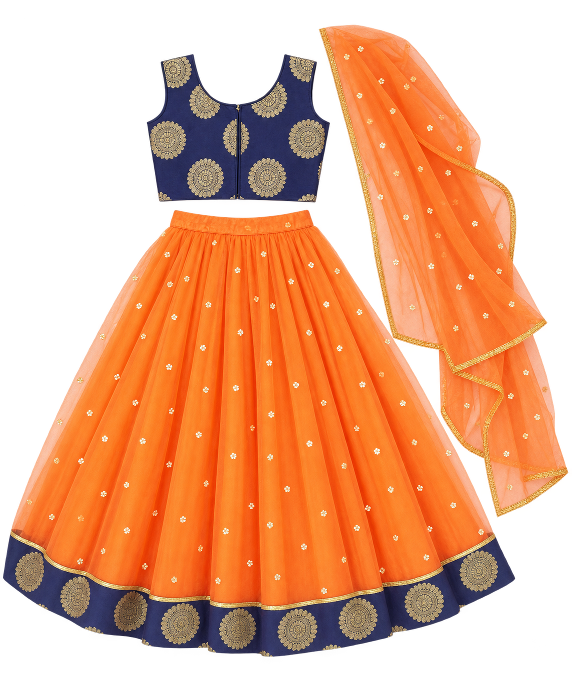 Girls Navy Gold Medallion Choli with Orange Net Lehenga and Dupatta - set back view