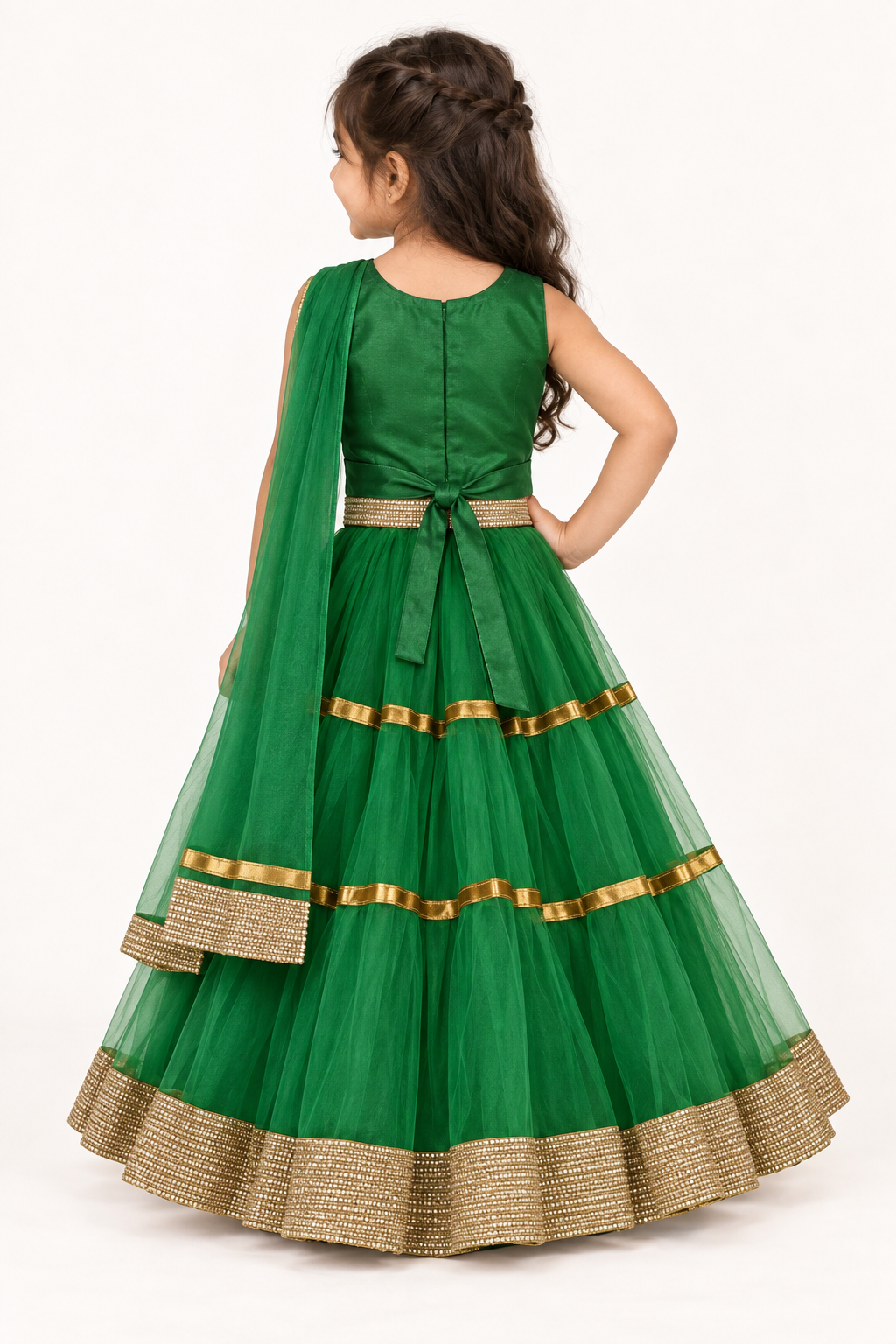 Girls Emerald Gold Vine Choli with Green Tiered Net Lehenga and Dupatta - model back view