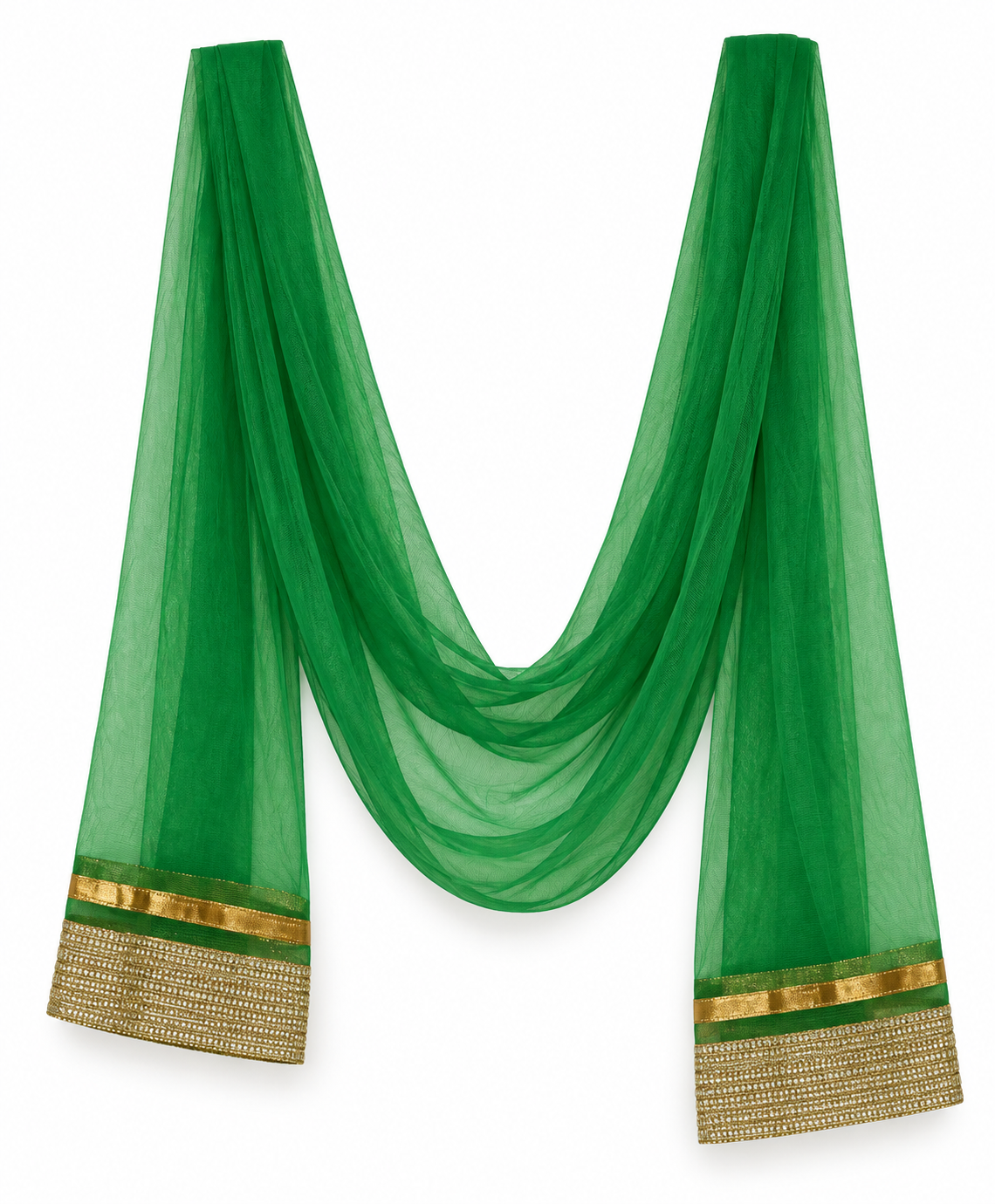 Girls Emerald Green Gold Brocade Choli with Tiered Net Lehenga and Dupatta - dupatta view