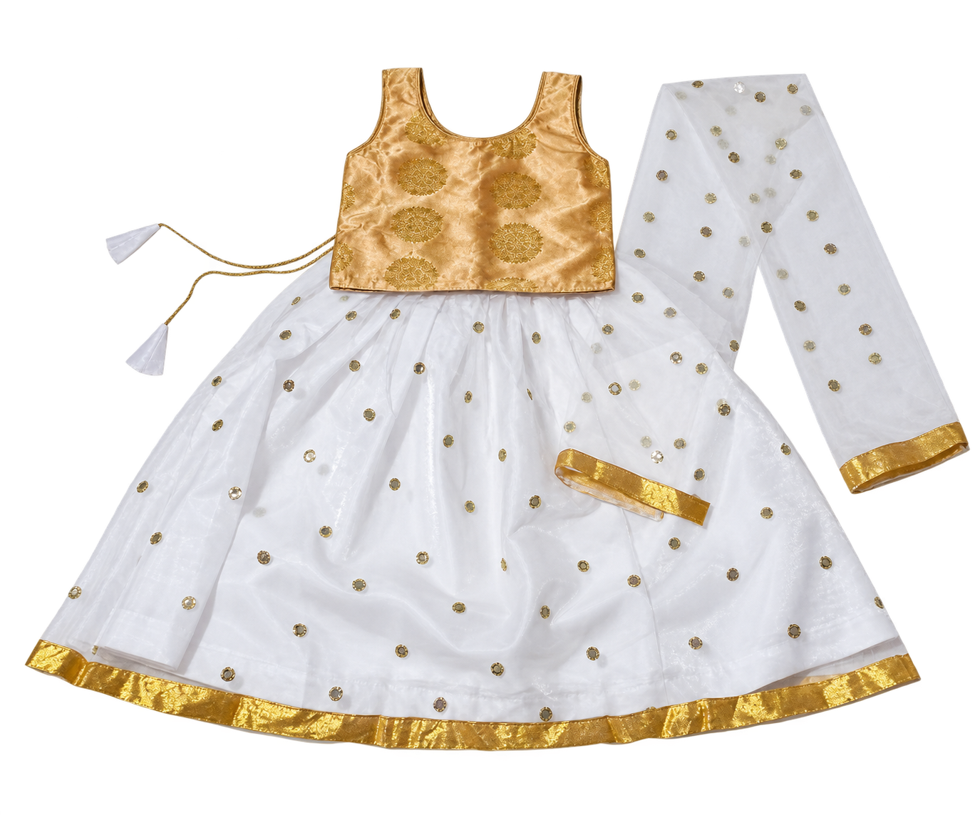 Girls Gold Medallion Choli with White Mirror Lehenga and Dupatta - set front view