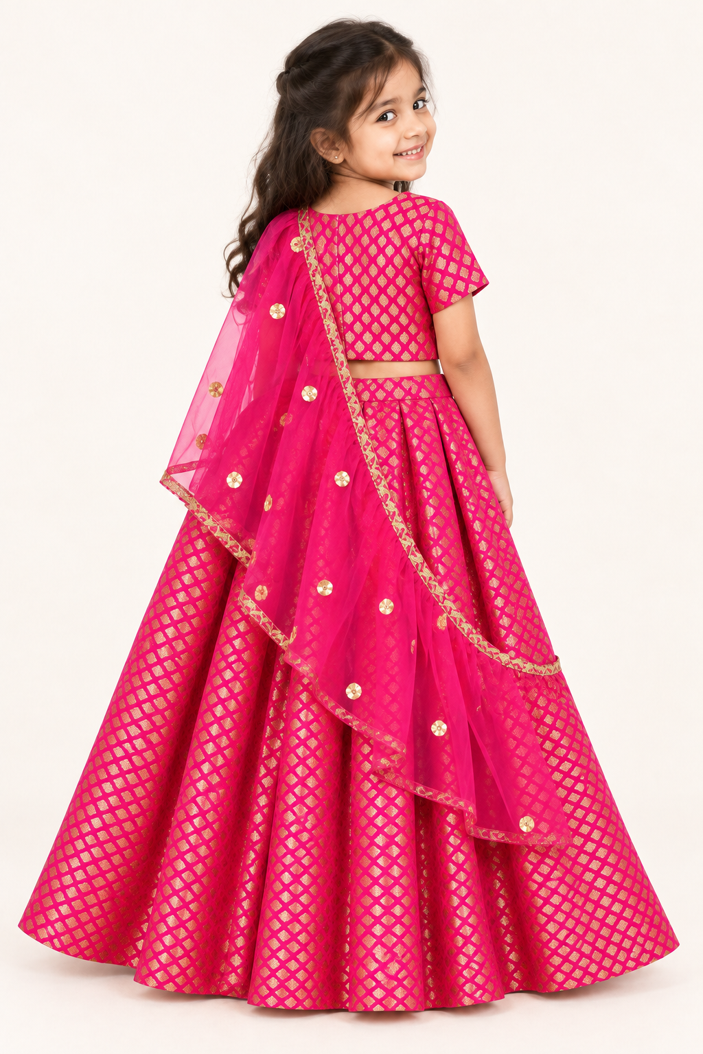 Girl wearing Hot Pink Banarasi Chanderi silk lehenga choli with matching net dupatta, back view