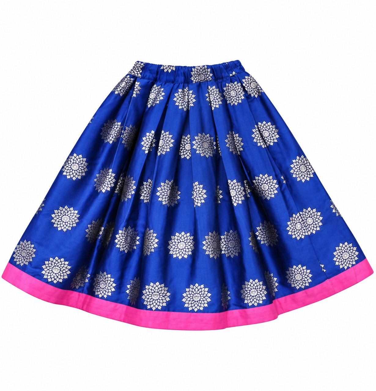 Girls Hot Pink Ruffle Choli with Royal Blue Floral Lehenga - skirt view
