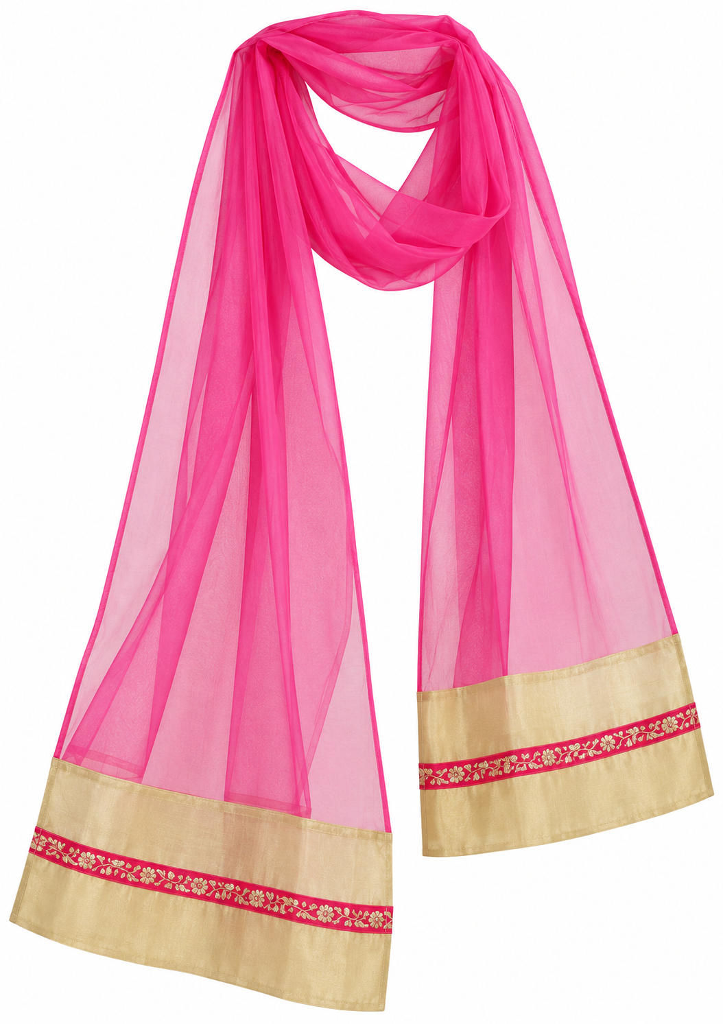 Girls Hot Pink Gold Polka Choli with Cream Gold Lehenga and Dupatta - dupatta view