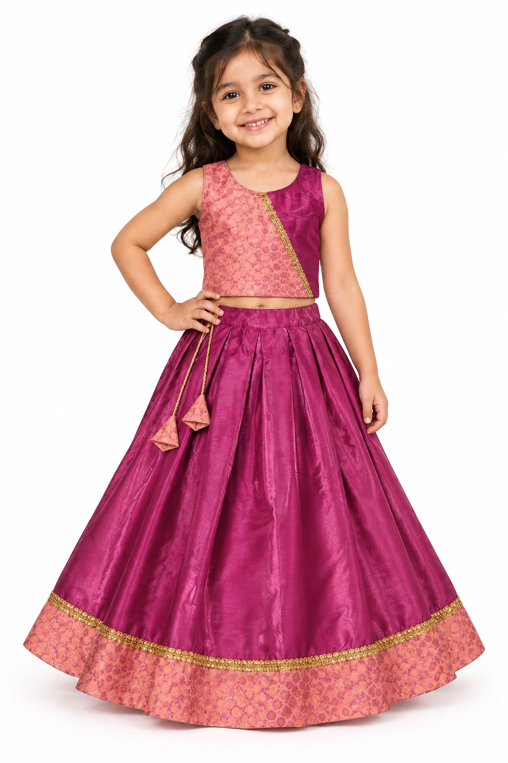 Girls Purple and Peach Asymmetric Choli with Plum Lehenga - model front view