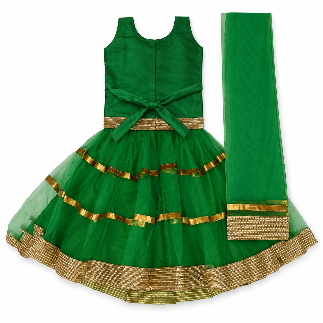 Girls Emerald Gold Vine Choli with Green Tiered Net Lehenga and Dupatta - set back view