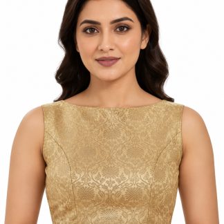 Golden Banarasi brocade silk sleeveless boat neck blouse front view