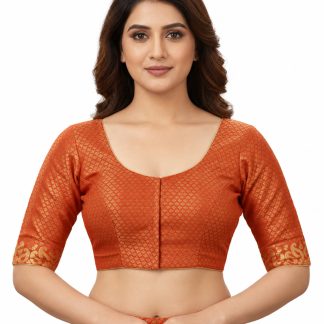 Red cotton silk saree blouse, front view on model