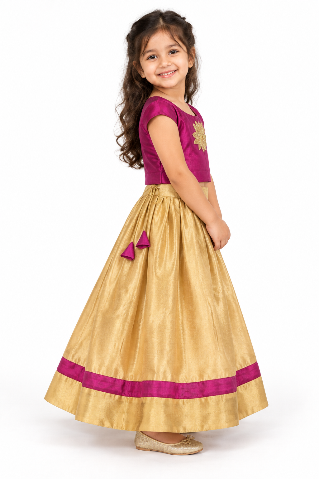 Girls Magenta Floral Choli with Pale Gold Lehenga - model side view