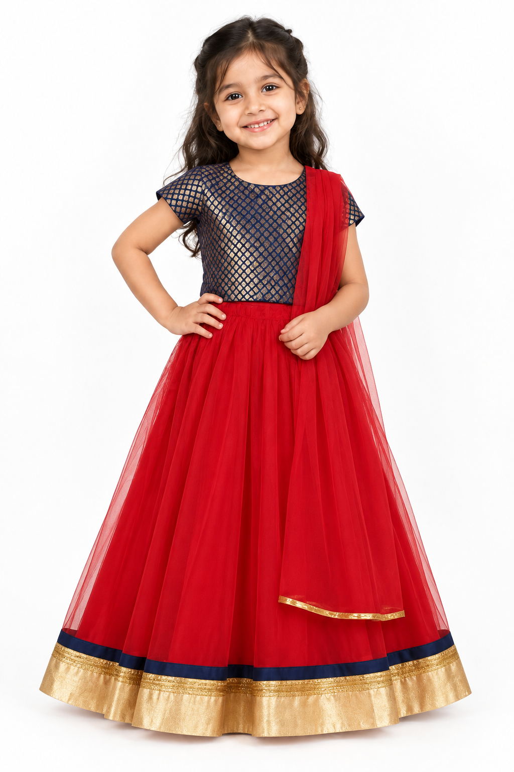 Girls Navy Gold Diamond Brocade Choli with Red Net Lehenga and Dupatta - model front view