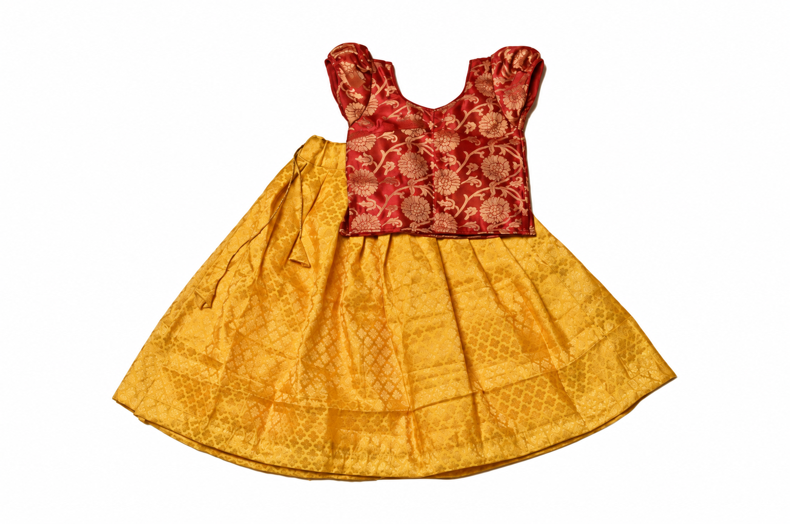 Girls Rust Red Floral Brocade Choli with Mustard Gold Lehenga - set front view