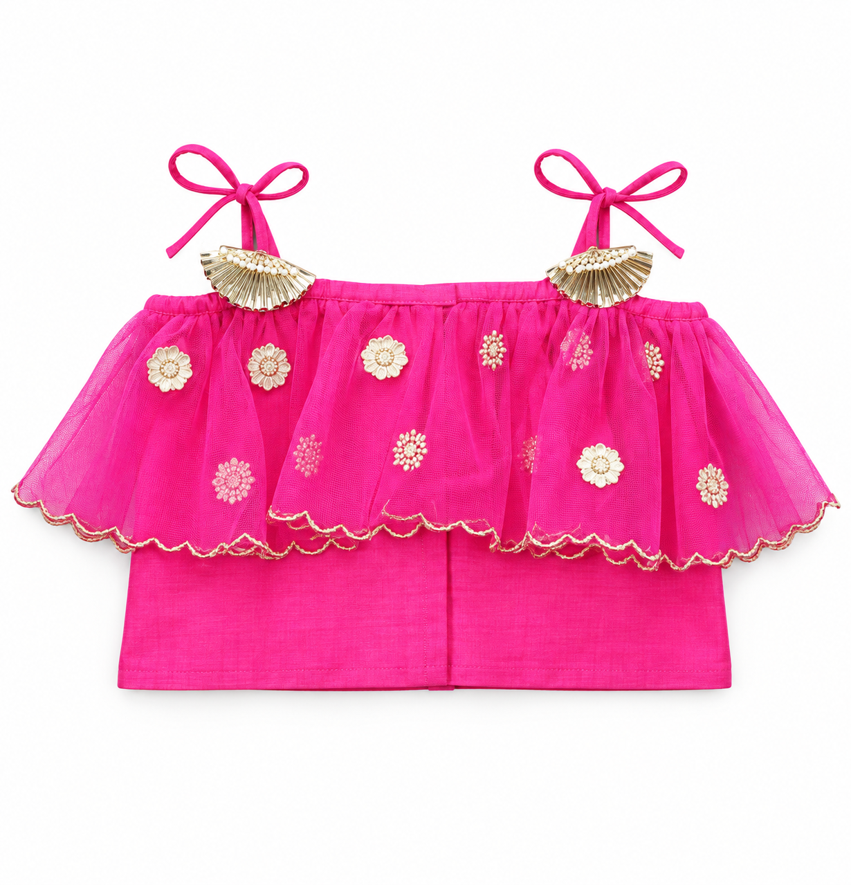 Girls Hot Pink Ruffle Choli with Royal Blue Floral Lehenga - top view