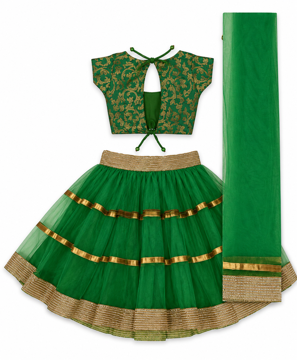 Girls Emerald Green Gold Brocade Choli with Tiered Net Lehenga and Dupatta - set back view