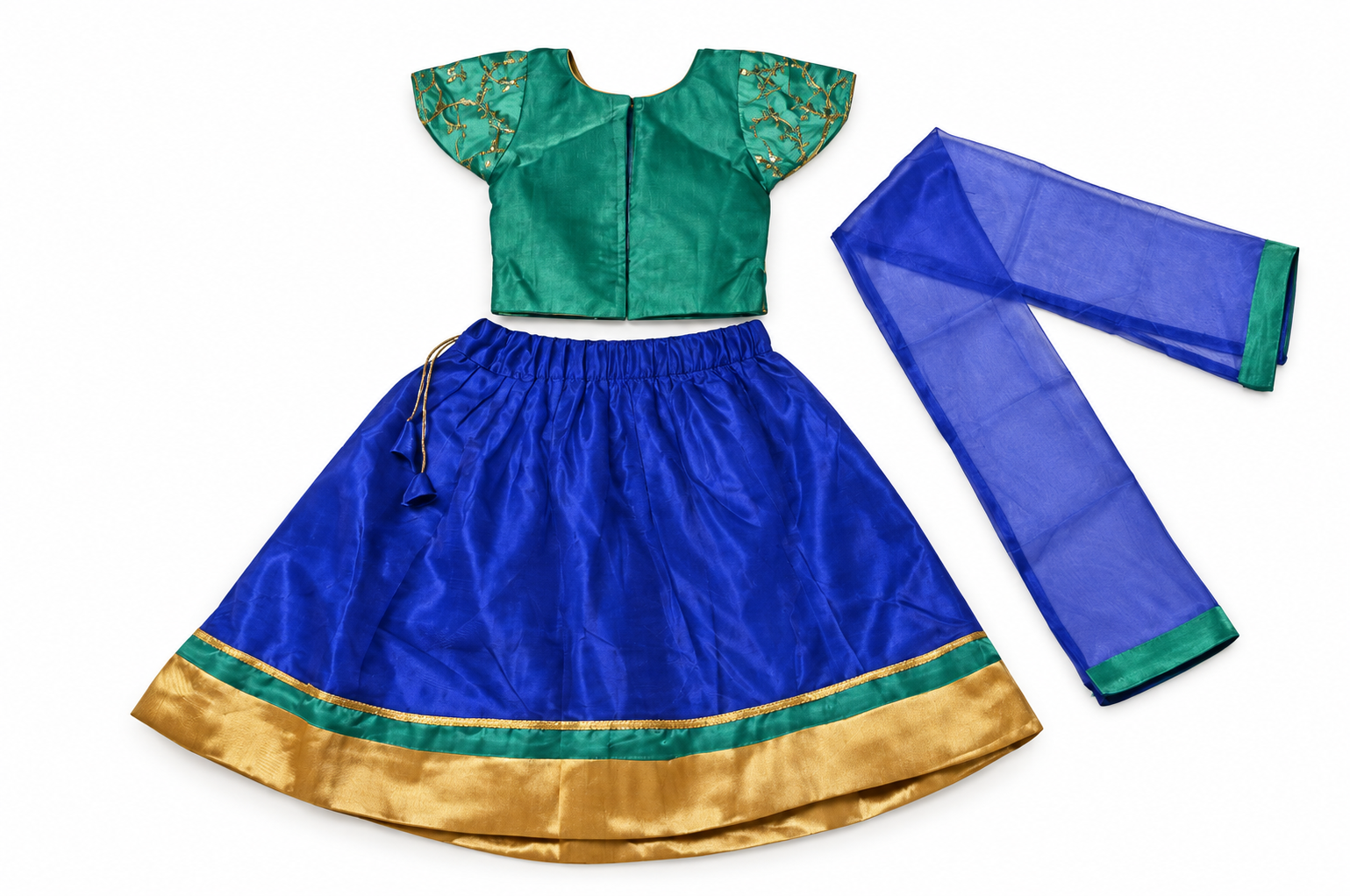 Girls Teal Green Brocade Choli with Royal Blue Lehenga and Dupatta - set back view