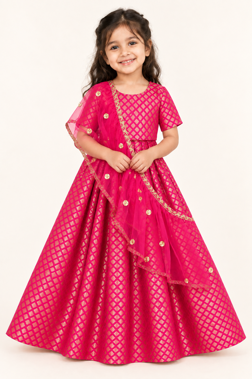 Girl wearing Hot Pink Banarasi Chanderi silk lehenga choli with matching net dupatta, front view