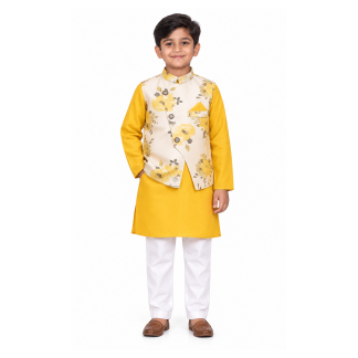 Yellow Boys Cotton Blend Kurta Pajama Waistcoat Set: Festive Outfit - model front view