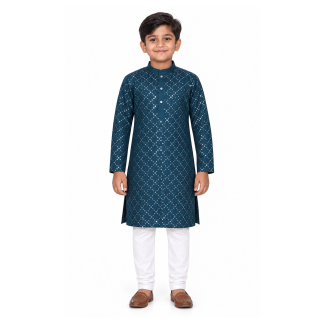 Boys Teal Green Cotton Kurta Pajama Set, Mirror Work, Festive Wear - model front view