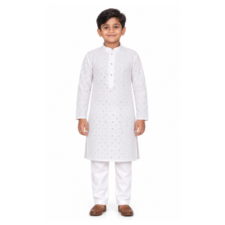 Boys White Cotton Kurta Pajama Set, Mirror Work Festive Wear - model front view