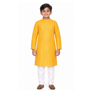 Boys Yellow Cotton Mirror Work Kurta Pajama Set, Kids Festive Wear - model front view