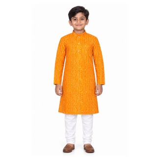 Boys Orange Bandhani Print Kurta Pajama Set: Cotton Party Wear - model front view