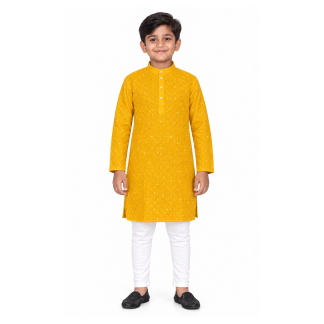 Embroidered Cotton Kurta Pajama Set: Boys Ethnic Festive Wear - model front view