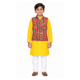 Boys Yellow Cotton Kurta Pajama and Waistcoat Set: Wedding Wear - model front view